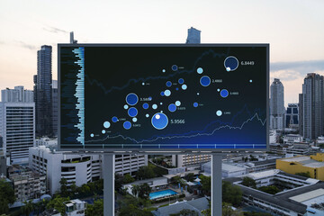 Obraz premium Glowing FOREX graph hologram on billboard, aerial panoramic cityscape of Bangkok at sunset. Stock and bond trading in Southeast Asia. The concept of fund management.