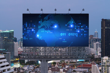 Glowing hologram of Earth planet map on billboard over aerial panoramic cityscape of Bangkok at sunset. The concept of international business in Southeast Asia.