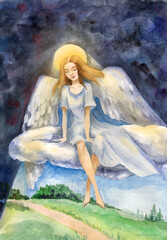 Angel on a cloud. Divine Light. 
Watercolor illustration. Victory of light.