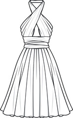 pleated knee length mini short dress, sleeveless halter neck top technical fashion illustration, isolated on white background.