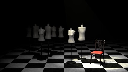 チェッカータイルの床　トルソーマネキン　男女　集団　椅子　部屋　3DCG