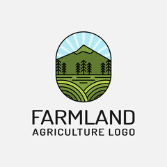 Farm Field with Mountain in Colored Line Style Logo Design Template. Suitable for Agriculture Farming Business Brand Company Corporate Town Rural Badge Emblem Stamp Logo Design
