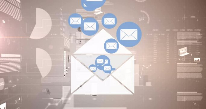 Animation of mail icons with statistics and financial data processing
