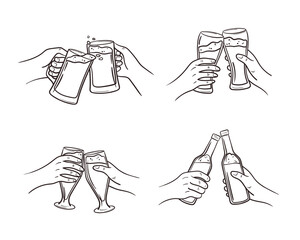 Drink craft beer with a friend from a bottle, glass, tankard. Two hands clink glasses with low alcohol drinks in doodle style. Vector sketch illustration isolated on white background.