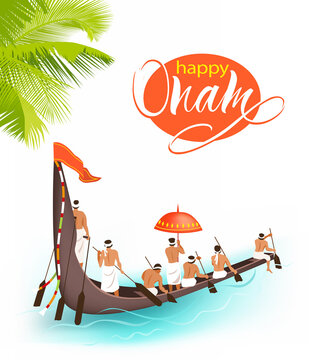 Greeting background with boat race (vallamkali) for South India harvest festival Onam. Vector illustration.