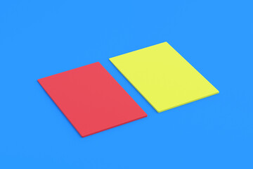 Yellow and red cards for playing soccer on blue background. Violation of the rules of the game. Disciplinary action or disqualification of a player or team. Fair play and refereeing. 3d render
