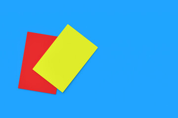 Yellow and red cards for playing soccer on blue background. Violation of the rules of the game. Disciplinary action or disqualification of a player or team. Fair play and refereeing. 3d render