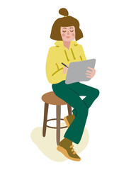 Female character sitting on the chair and writing or drawing on the tablet. Hand drawn vector illustration