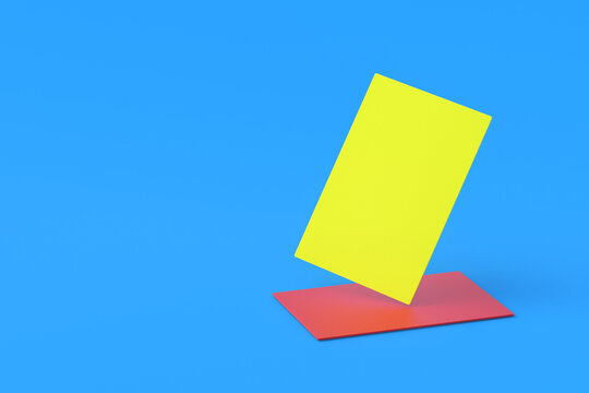 Yellow and red cards for playing soccer on blue background. Violation of the rules of the game. Disciplinary action or disqualification of a player or team. Fair play and refereeing. 3d render