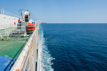 Part of the ship on the high seas, side view. Transport and travel concept