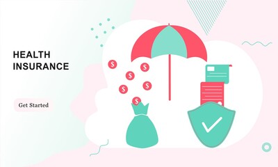 Landing page of health insurance. Concept of medical insurance and life insurance. Protection of health and life of people with document insurance. Healthcare, finance and medical service web design.