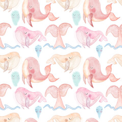 Whales are randomly placed on a white background in different poses.