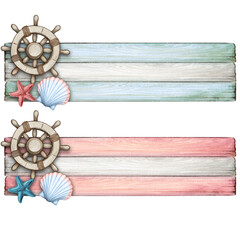 Watercolor wooden banner with boat helm and seashells