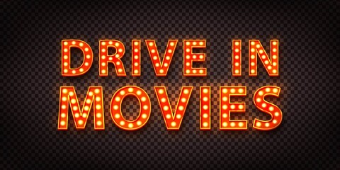 Vector realistic isolated retro marquee billboard with electric light lamps of Drive In Movies logo for invitation on the transparent background.