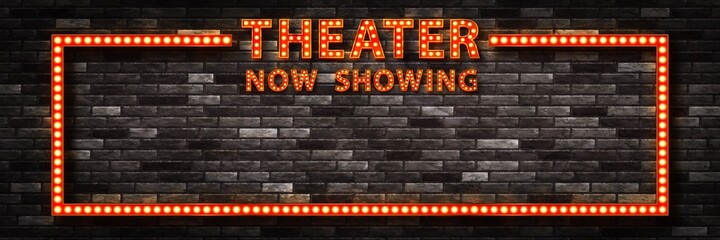 Vector realistic isolated retro marquee billboard with electric light lamps of Theater Now Showing frame logo for invitation on the wall background.