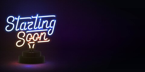 Vector realistic isolated neon sign of Starting Soon logo for template decoration and covering with copy space on the dark background.