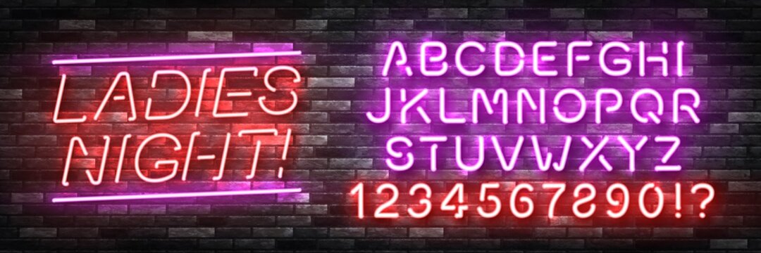 Vector realistic isolated neon sign of Ladies Night with easy to change color font alphabet for template decoration and invitation covering on the wall background. Concept of night club and party.