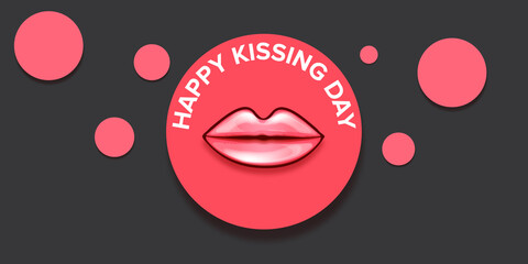 Happy kissing day horizontal banner with cartoon glossy red lips isolated on grey background. Kiss day vector concept illustration with sexy smiling woman mouth icon