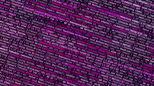 Abstract visualization of a virus spreading as a computer code, concept of digital security. Animation. Self written narrow horizontal lines of a harmful computer program, seamless loop.