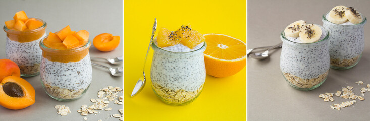 Collage of pudding with chia seed. Pudding with chia seed, oat flakes, banana,orange fruit and...
