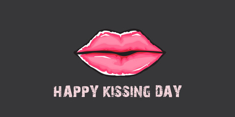 Happy kissing day horizontal banner with cartoon glossy red lips isolated on grey background. Kiss day vector concept illustration with sexy smiling woman mouth icon