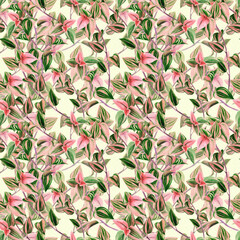 The leaves on the branches are Tradescantia. Seamless pattern on a watercolor background. Plant motives. Use printed materials, signs, items, websites, maps, posters, postcards, packaging.