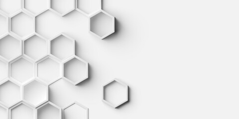 Random shifted white open honeycomb hexagon background wallpaper banner pattern with copy space - obrazy, fototapety, plakaty