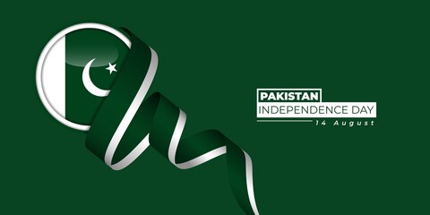 Pakistan Independence Day with Pakistan circle flag and flying ribbon design.