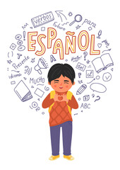 Espanol. Translation "Spanish". School child making heart shape with hand drawn spanish language doodles and lettering.