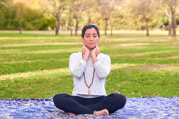 Woman, yoga outdoor, reiki poses, chakras.