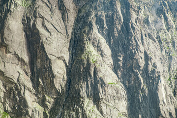 Close up rock of mountain range with green plants