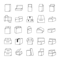 Box outline icon set.post box, cosmetic box, paper box.
Isolated white background with black lines