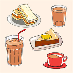 Set of illustrations, coffee, toast, sandwich, breakfast. vector