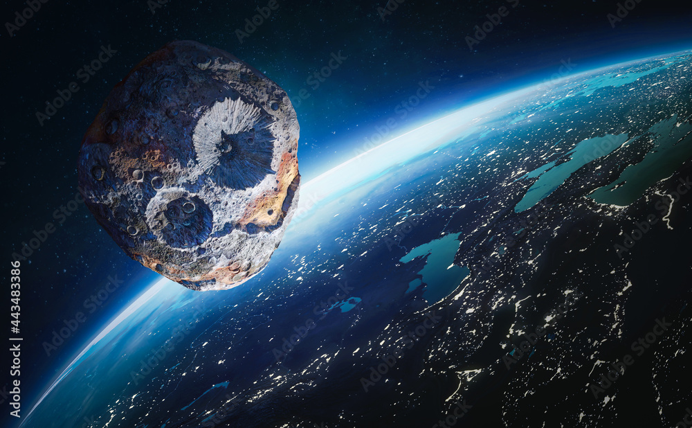 Poster Asteroid in outer space near Earth planet. Meteorite on orbit of Earth. Ice meteor is solar system. Elements of this image furnished by NASA