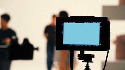 Digital monitor in film production. Behind the scenes of video production. Video camera and digital...
