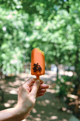 Delicious classic ice cream in woman hands. Natural homemade gelato close up. Summer sweet tasty dessert. Refreshes in hot weather. Healthy eating, organic food. Take away traditional product