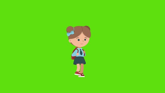 A Girl In A School Uniform With A Backpack Is Walking On A Green Background . The Animation Is Seamless On The Theme Of The School .