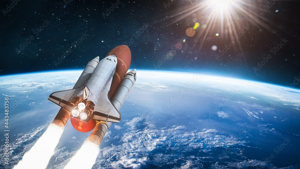Leinwandbilder space shuttle on orbit of earth planet. view from outer space. spaceship flight. launch and expediti