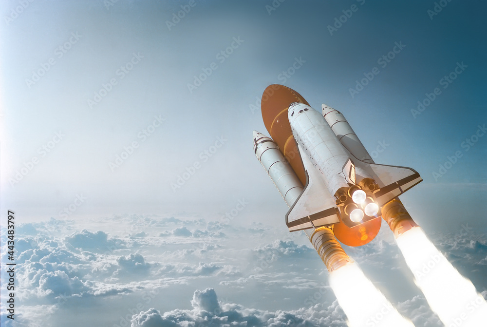 Poster Space shuttle in the blue sky with cloud. Launch of spaceship from Earth planet. Expedition to ISS. Space wallpaper. Elements of this image furnished by NASA