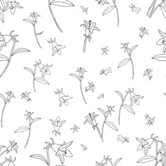 Black Vector illustration of bouquet bell flowers with leaves isolated on a white background. Seamless pattern