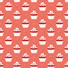 Cupcakes with berries minimalist seamless vector pattern background. Sweet food cartoon design element. Pink flat color cupcake doodle wallpaper. Sweet dessert cake ornate illustration, print template