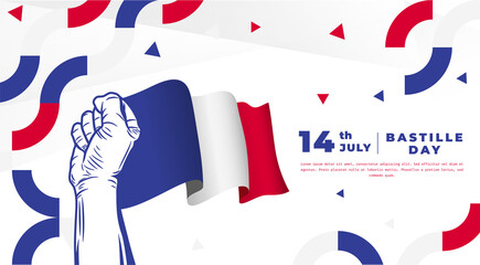 Banner illustration of Bastille Day celebration with Eifel Tower, Waving flag and hands clenched icon. Vector illustration.