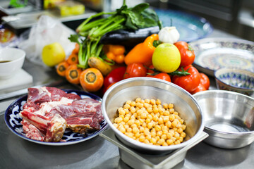 Vegetables and lamb on a plates
