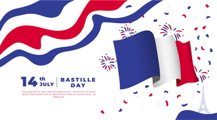 Banner illustration of Bastille Day celebration with Eifel Tower, Waving flag and hands clenched icon. Vector illustration.