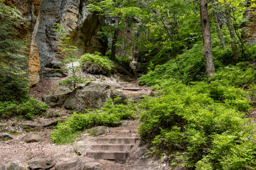 Hiking trail with stairs between rocks in the forest.
