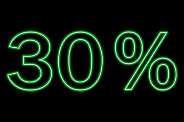 30 percent inscription on a black background. Green line in neon style.
