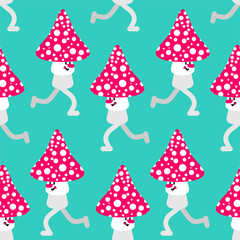 Running mushroom pattern seamless. Fly agaric run background