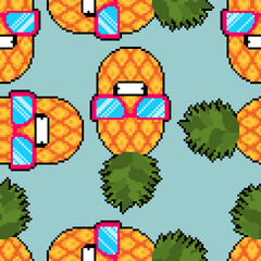 Pineapple cool with glasses pixel art pattern seamless. 8 bit background