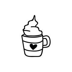 Single hand drawn coffee mug with cream. Doodle vector illustration. Isolated on a white background.