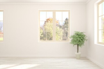 Fototapeta premium Stylish empty room in white color with autumn landscape in window. Scandinavian interior design. 3D illustration